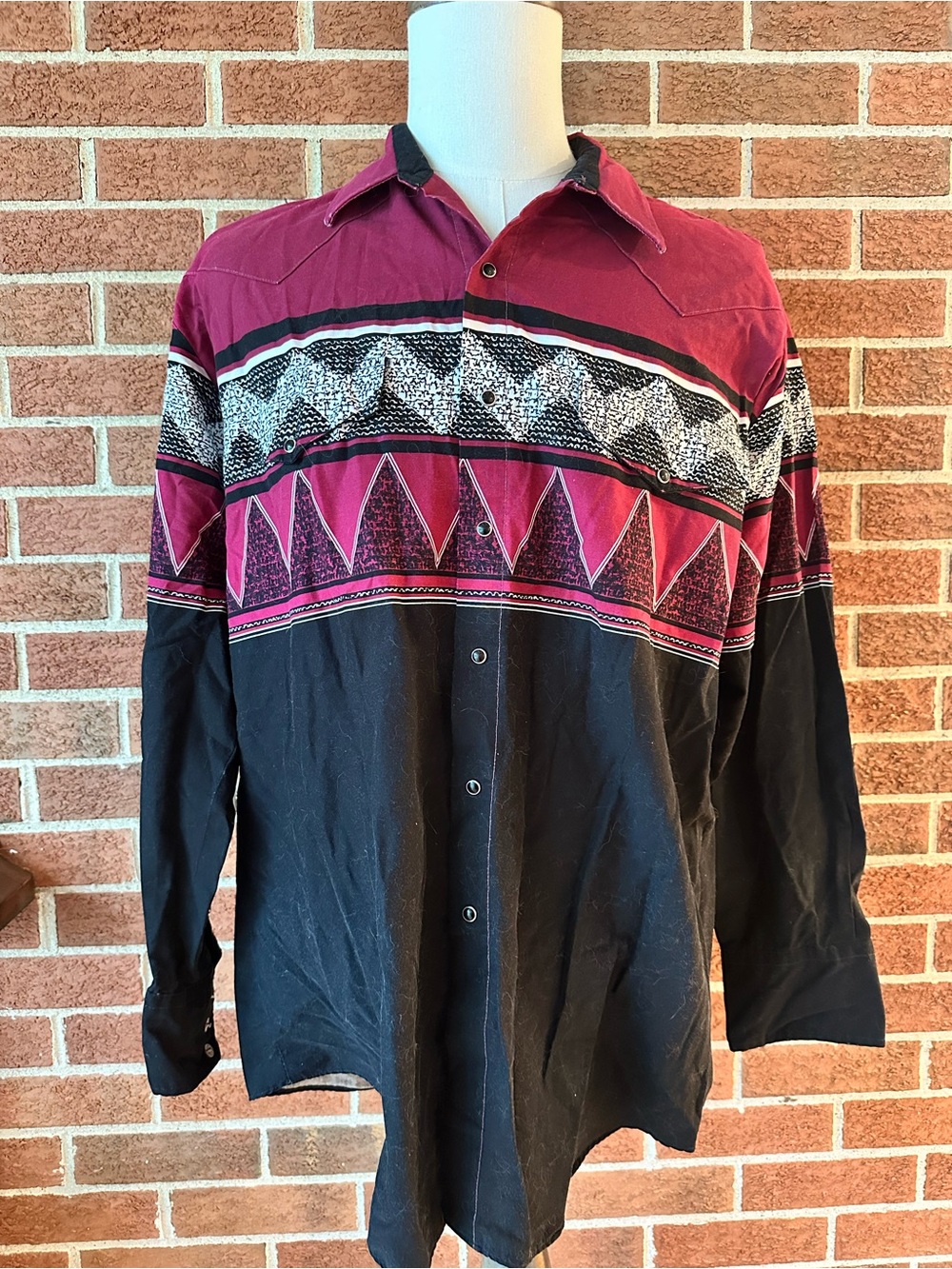 Vintage Roper Western Shirt Mens Snap Pearl Aztec Geometric Red Black, L